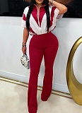 Summer Short-Sleeved Stitching Contrast Color Micro-Flared Sports Jumpsuit Wholesale