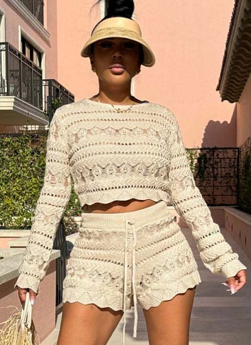 Casual Fashion Round Neck Crochet Hollow Long Sleeve Top Knitted Shorts Two-Piece Set