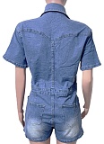 High Elastic Lapel Slim Washed Denim Jumpsuit Summer
