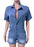 High Elastic Lapel Slim Washed Denim Jumpsuit Summer