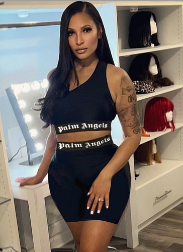 Letter Printed One Shoulder Vest Sexy Tight Sports Shorts Two-Piece Set