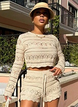 Casual Fashion Round Neck Crochet Hollow Long Sleeve Top Knitted Shorts Two-Piece Set RS-JP1099