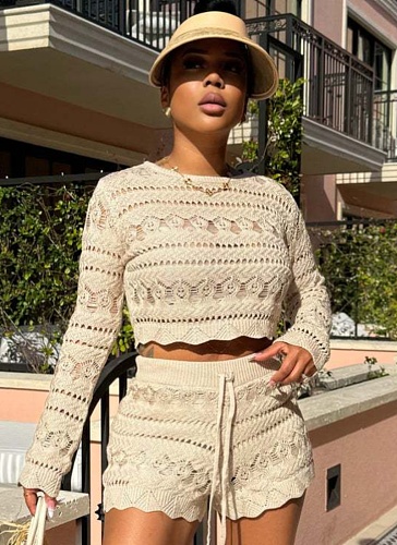 Casual Fashion Round Neck Crochet Hollow Long Sleeve Top Knitted Shorts Two-Piece Set
