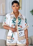 Fashion Casual Tropical Coconut Tree Style Print Shirt Shorts Two Piece Set