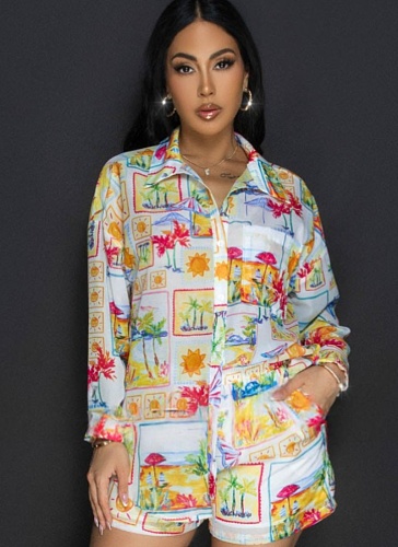 Sunshine Beach Print Long Sleeve Shirt Shorts Beach Two-Piece Suit For Women