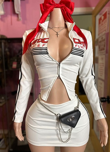 Long-Sleeved Zippered Printed Jacket Contrasting Skirt Casual Two-Piece Suit