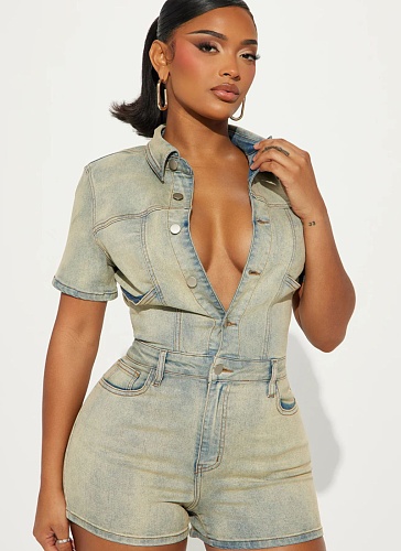 High Elastic Lapel Slim Washed Denim Jumpsuit Summer