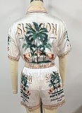 Fashion Casual Tropical Coconut Tree Style Print Shirt Shorts Two Piece Set