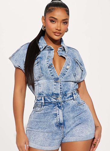High Elastic Short Sleeve Slim Fit Denim Jumpsuit For Women