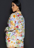 Sunshine Beach Print Long Sleeve Shirt Shorts Beach Two-Piece Suit For Women