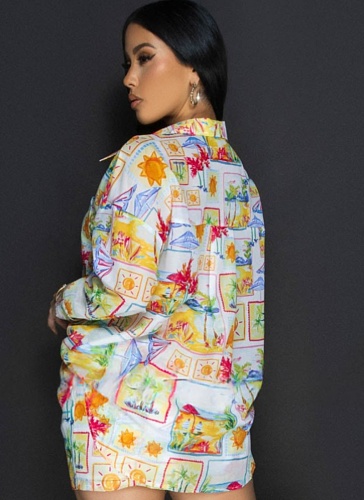 Sunshine Beach Print Long Sleeve Shirt Shorts Beach Two-Piece Suit For Women