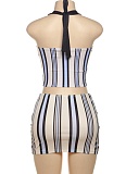 Summer Lapel Backless Top Striped Skirt Two Piece Suit Women Wholesale