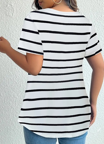 Casual Striped V-Neck Short-Sleeved T-Shirt Comfortable And Close-Fitting
