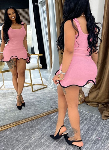 Women sleeveless slim wave side vest mini dress white SFY-2799