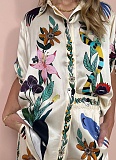 Printed Lapel Shirt Elastic Waist Pocket Wide Leg Pants Casual Fashion Two-Piece Suit