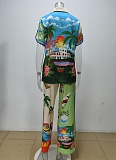 Printed Lapel Shirt Elastic Waist Pocket Wide Leg Pants Casual Fashion Two-Piece Suit