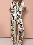 Printed Lapel Shirt Elastic Waist Pocket Wide Leg Pants Casual Fashion Two-Piece Suit