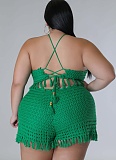 Tassel Fishnet Knitted Vest Shorts Plus Size Casual Two Piece Set Wholesale
