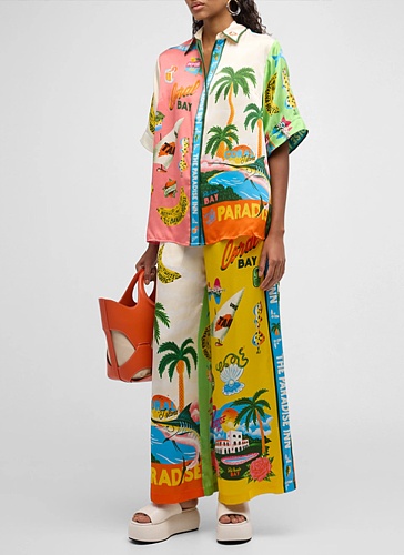 Printed Lapel Shirt Elastic Waist Pocket Wide Leg Pants Casual Fashion Two-Piece Suit