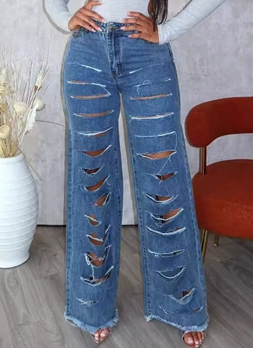 Fashion Personality Ripped All-Match Straight Wide Jeans Wholesale