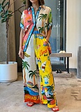 Printed Lapel Shirt Elastic Waist Pocket Wide Leg Pants Casual Fashion Two-Piece Suit