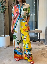 Printed Lapel Shirt Elastic Waist Pocket Wide Leg Pants Casual Fashion Two-Piece Suit