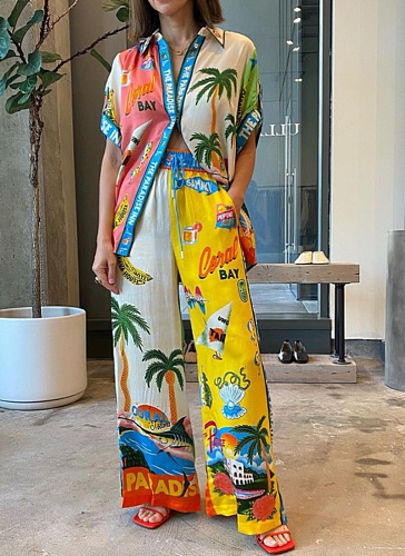 Printed Lapel Shirt Elastic Waist Pocket Wide Leg Pants Casual Fashion Two-Piece Suit