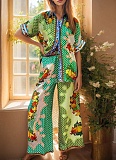 Printed Lapel Shirt Elastic Waist Pocket Wide Leg Pants Casual Fashion Two-Piece Suit