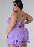 Tassel Fishnet Knitted Vest Shorts Plus Size Casual Two Piece Set Wholesale