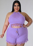 Tassel Fishnet Knitted Vest Shorts Plus Size Casual Two Piece Set Wholesale