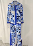 Printed Lapel Shirt Elastic Waist Pocket Wide Leg Pants Casual Fashion Two-Piece Suit