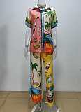 Printed Lapel Shirt Elastic Waist Pocket Wide Leg Pants Casual Fashion Two-Piece Suit