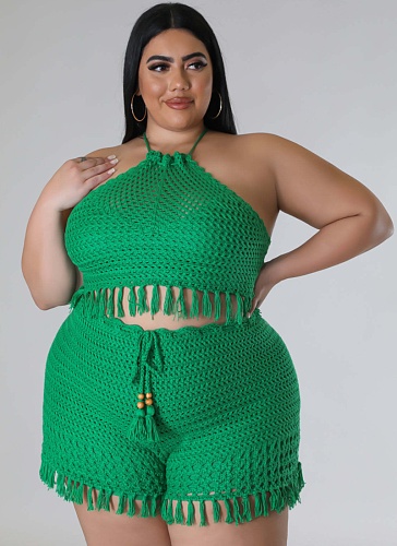 Tassel Fishnet Knitted Vest Shorts Plus Size Casual Two Piece Set Wholesale