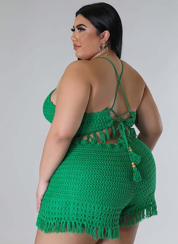 Tassel Fishnet Knitted Vest Shorts Plus Size Casual Two Piece Set Wholesale