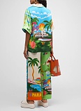 Printed Lapel Shirt Elastic Waist Pocket Wide Leg Pants Casual Fashion Two-Piece Suit