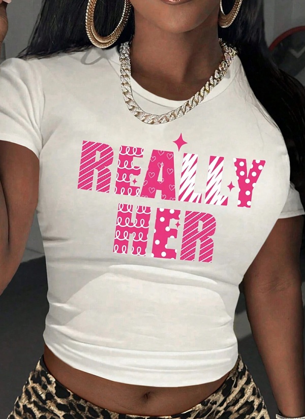 New Round Neck Printed Short T-Shirt Tops Wholesale