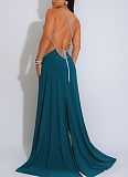 Sexy Backless High Slit Contrast Color Dress Wholesale