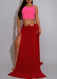 Sexy Backless High Slit Contrast Color Dress Wholesale