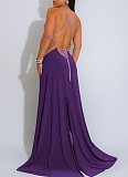 Sexy Backless High Slit Contrast Color Dress Wholesale
