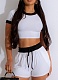 Summer Sports Knitted Contrast Color Top Drawstring Shorts Women Two Piece Set Wholesale