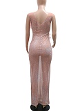 Mesh Stitching Backless Round Neck Hip-Wrapped Long Dress Wholesale