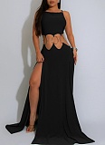 Sexy Backless High Slit Contrast Color Dress Wholesale