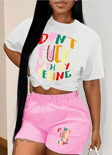 Round Neck Letter Printed Casual T-Shirt Shorts Two-Piece Set Wholesale