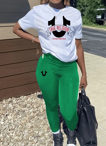 O-Neck Letter Print Top Stretch Pants Casual Two-Piece Set Wholesale