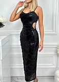 Sequins Studs Beads Suspenders Dinner Lady Party Open Long Fork Dress Wholesale