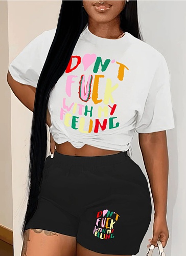 Round Neck Letter Printed Casual T-Shirt Shorts Two-Piece Set Wholesale