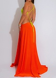 Sexy Backless High Slit Contrast Color Dress Wholesale