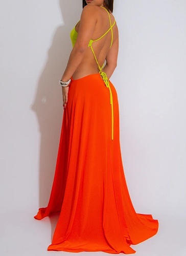Sexy Backless High Slit Contrast Color Dress Wholesale