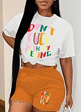 Round Neck Letter Printed Casual T-Shirt Shorts Two-Piece Set Wholesale