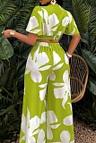 New Arrival Tropical Print Pleated Butterfly Sleeve Top With Lace-Up Wide-Leg Pants Two-Piece Set